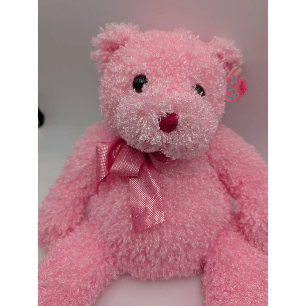 Ty Pinkys Shimmers Plush Bear‎ Pink Curly Fur Satin Bow 2004 16 Inch Stuffed